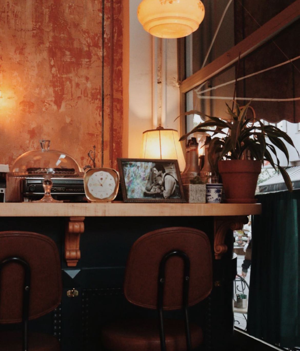A cosy corner of the café with a decorated countertop