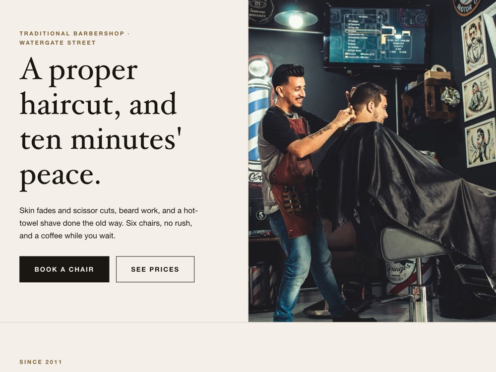 Homepage of the sample barbershop website, Sharp & Sons