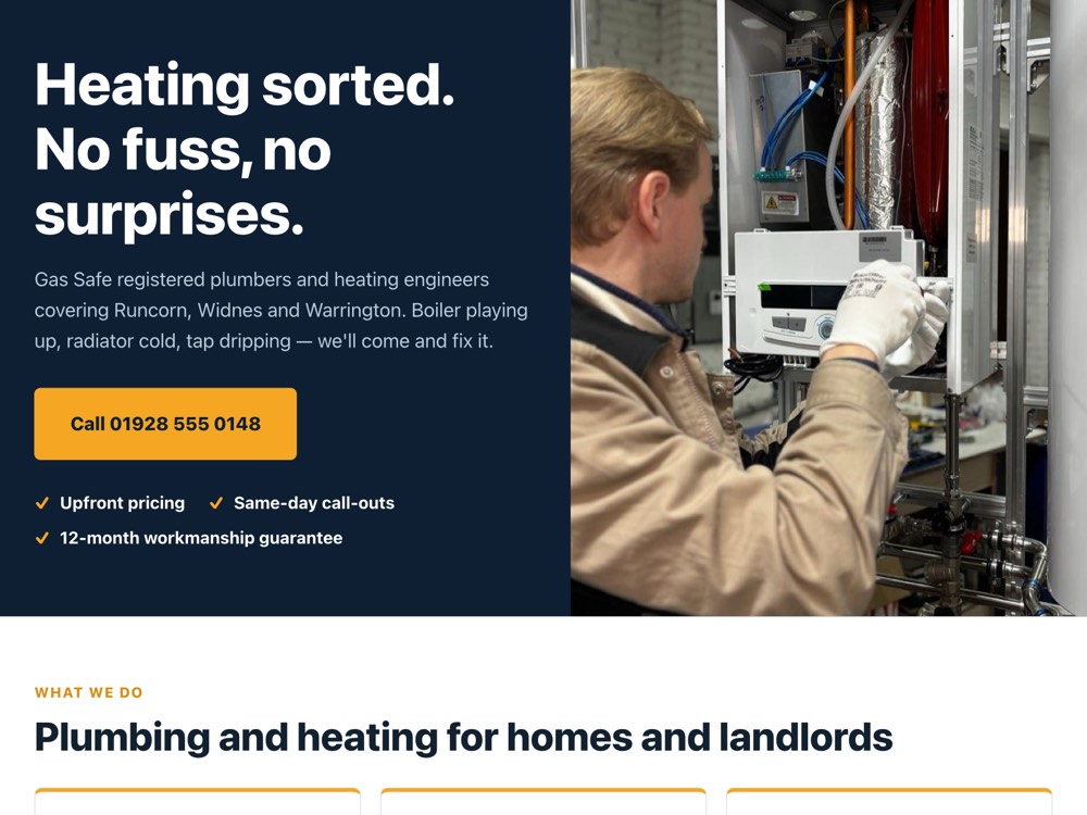 Homepage of the sample plumbing website, Halton Plumbing & Heating